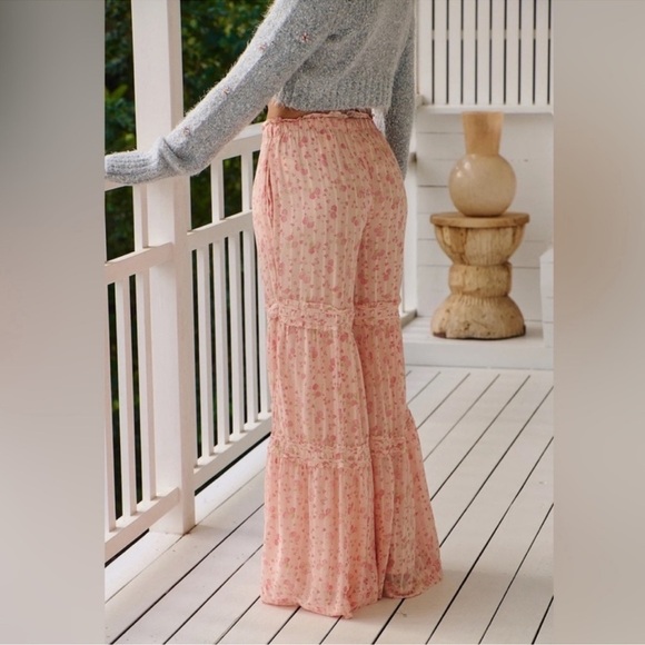 Free People Emmaline Tiered Wide Leg Pull On Pant Pink Size Small - Picture 7 of 10